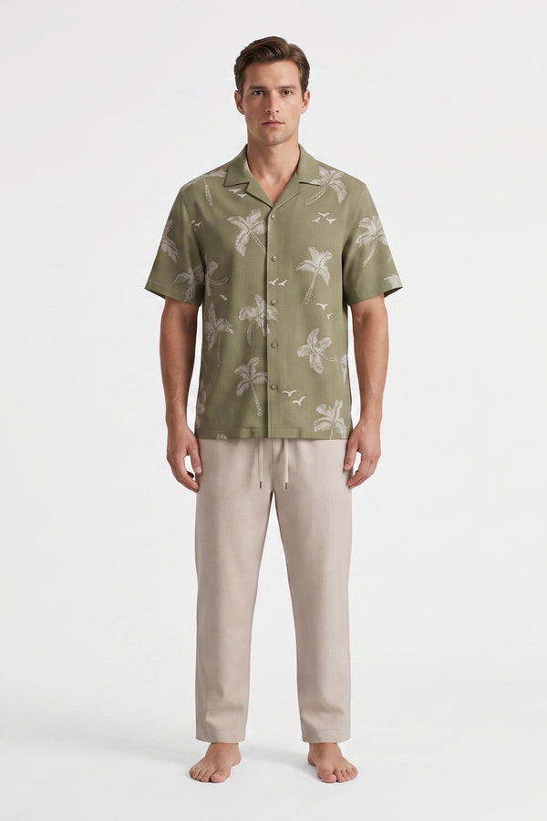 Men Lapel Cotton Pajama Set with Pants – Green Palm Tree