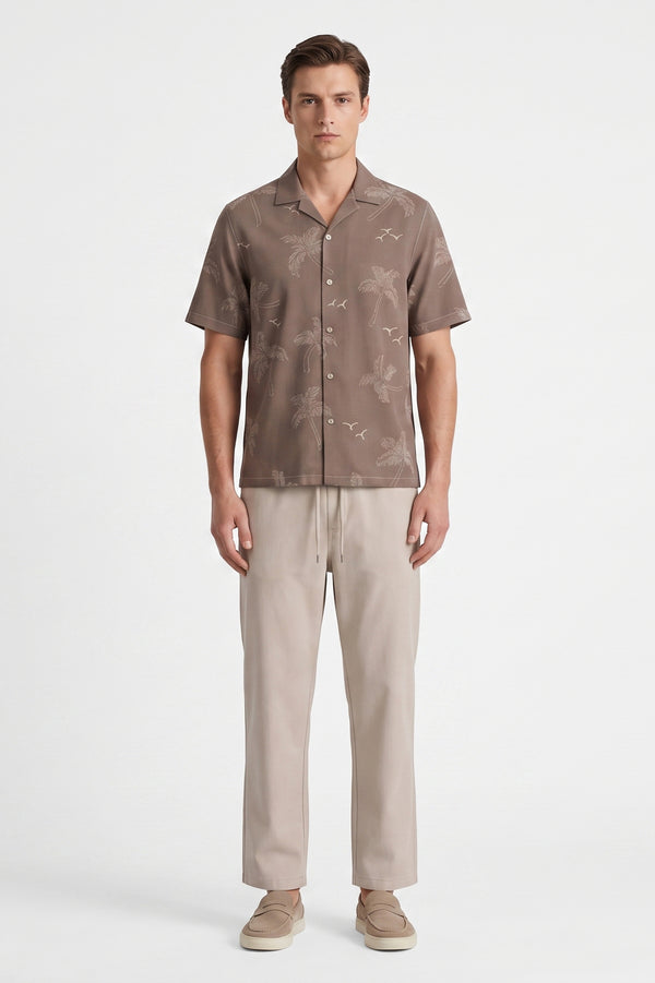 Men Lapel Cotton Pajama Set with Pants – Brown Palm Tree