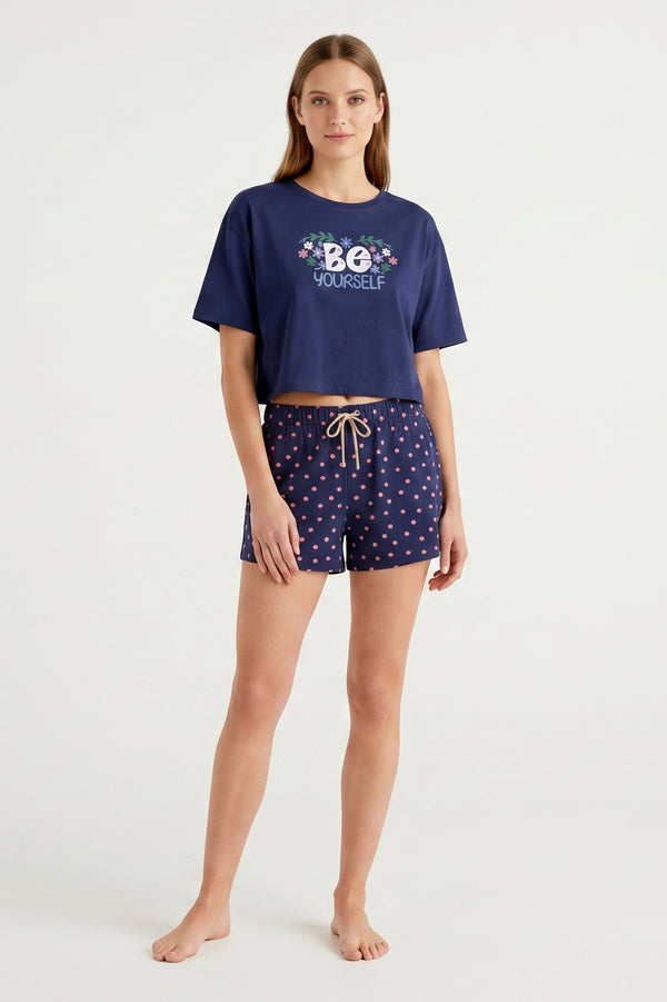Women Short Sleeve Cotton Pajama Set – Blue Depths