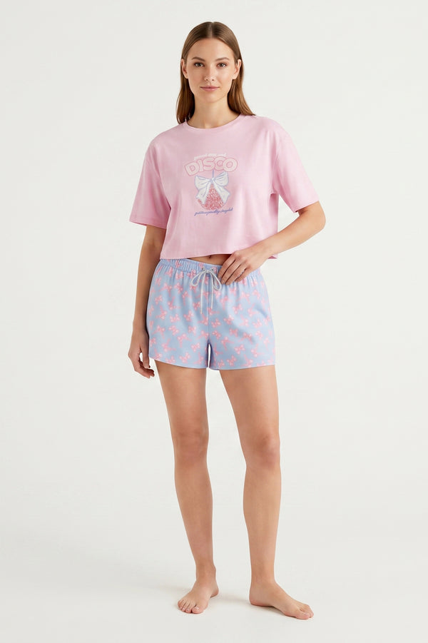 Women SS Oversize Cropped T-Shirt with Wide-Leg Shorts Pajama Set – Ballerina