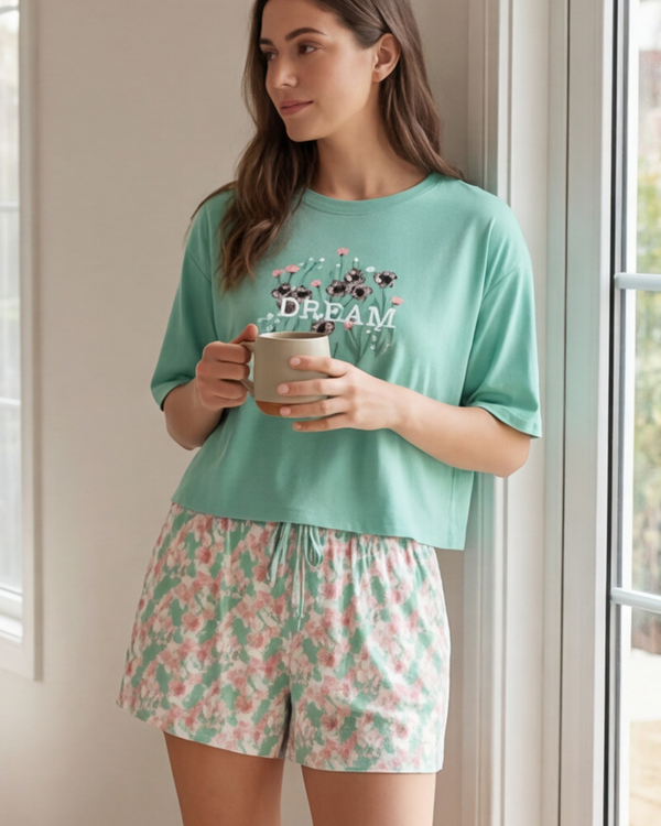 Women SS Oversize Cropped T-Shirt with Wide-Leg Shorts Pajama Set – Cabbage