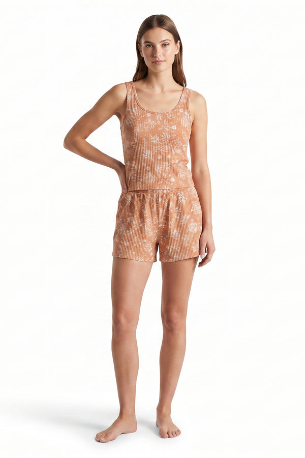 Women Tank Top with Wide-Leg Short Pajama Set – Orange Hibiscus