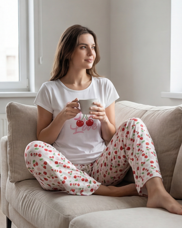 Women SS T-Shirt with Pants Pajama Set – Bright White