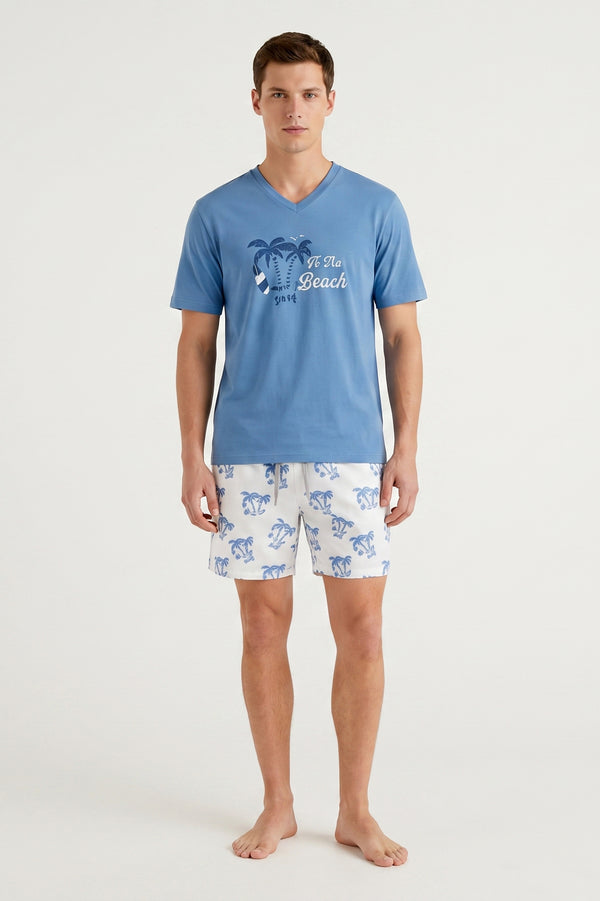 Men V-Neck Cotton Pajama Set – Mediterranean Blue