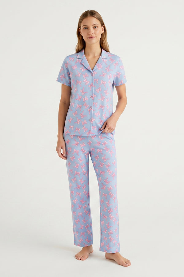 Women Lapel Cotton Pajama Set with Pants – Skyride