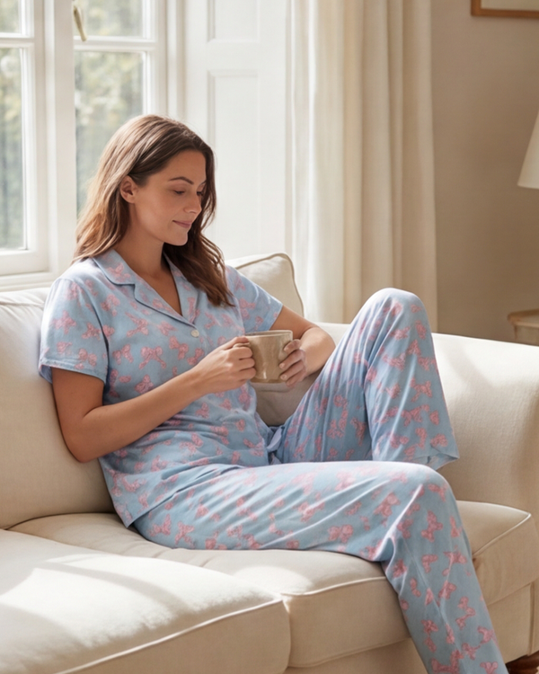 Women Lapel Cotton Pajama Set with Pants – Skyride