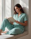 Women Lapel Cotton Pajama Set with Pants – Green Flowers