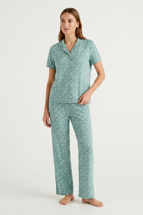 Women Lapel Cotton Pajama Set with Pants – Green Flowers