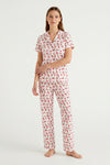 Women Lapel Cotton Pajama Set with Pants – Cherry
