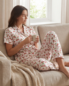Women Lapel Cotton Pajama Set with Pants – Cherry