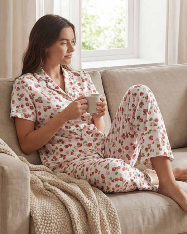 Women Lapel Cotton Pajama Set with Pants – Cherry