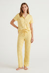 Women Lapel Cotton Pajama Set with Pants – Yellow Flowers