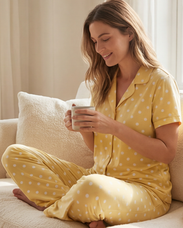 Women Lapel Cotton Pajama Set with Pants – Yellow Flowers