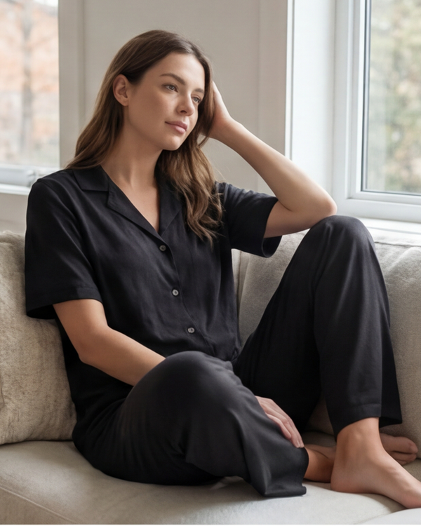 Women Lapel Cotton Pajama Set with Pants – Moonless Night