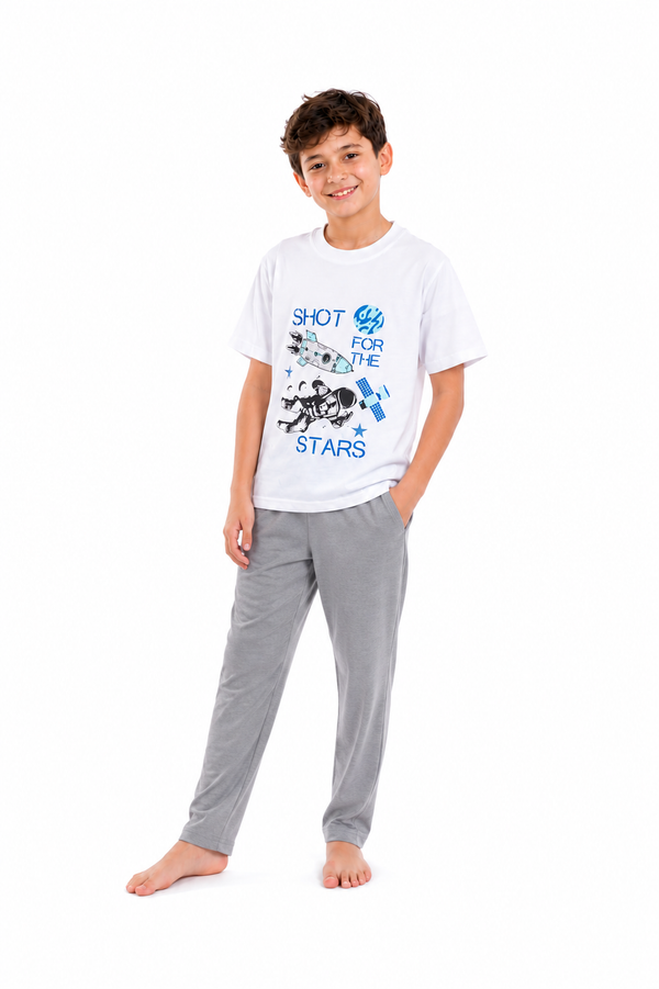 Boys Short Sleeve Pajama with Shorts and Pants - Bright White