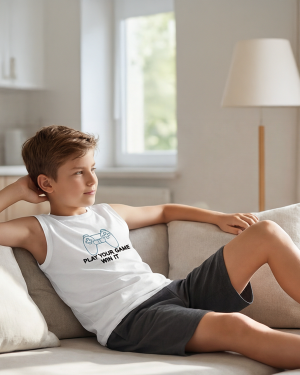 Boys Sleeveless Top with Short Pajama Set – Bright White