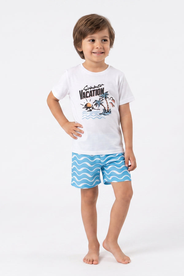 Boys SS Round Neck T-Shirt with Short Pajama Set – Bright White