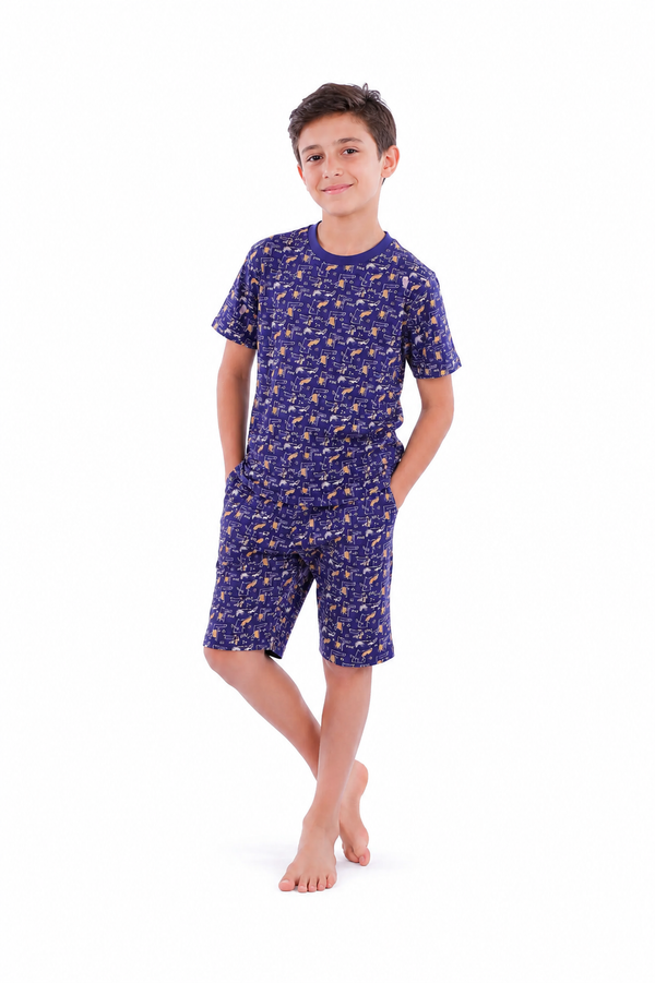 Boys Short Sleeve Pajama with Shorts - Blue Depths Dino Plaids,