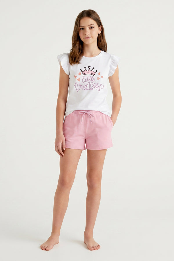 Girls Ruffle Cap Sleeve With Short Pajama Set – Bright White