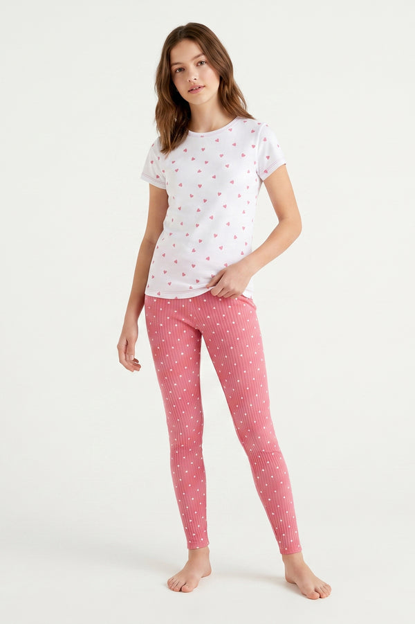Girls SS T-Shirt With Rib Legging Pajama Set – White Small Heart