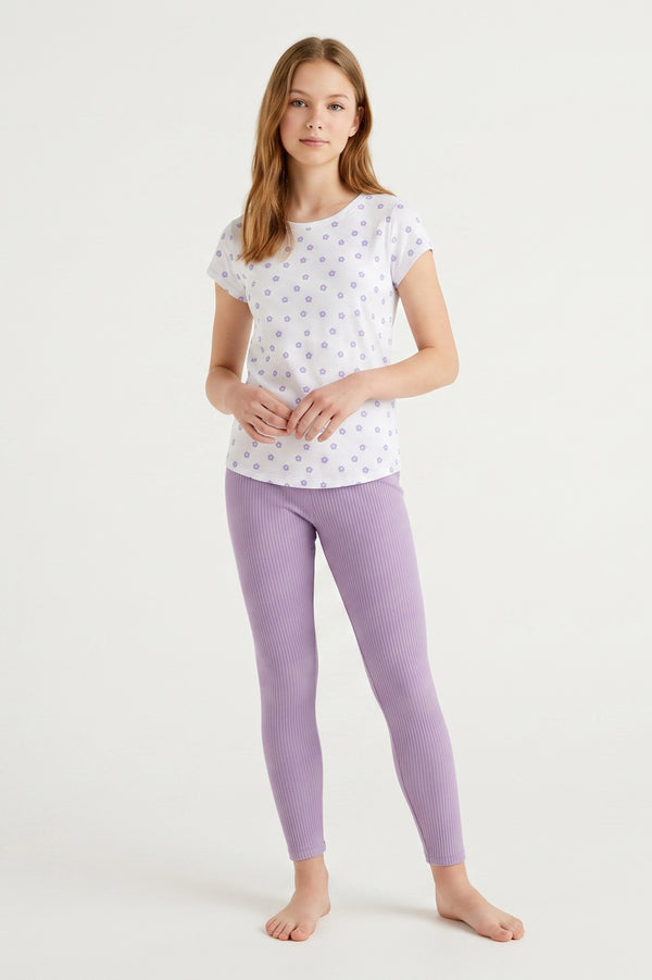 Girls SS T-Shirt With Rib Legging Pajama Set – Lupine Small Flowers