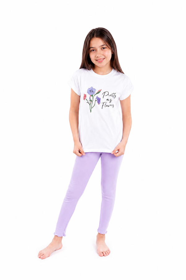 Girls Short Sleeve Pajama with Rib Legging - Bright White*Violet Tulip