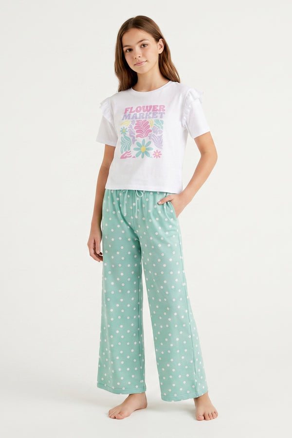 Girls SS T-Shirt With Wide-Leg Pants Pajama Set – Bright White