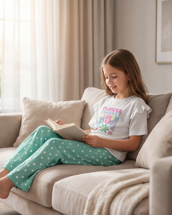 Girls SS T-Shirt With Wide-Leg Pants Pajama Set – Bright White