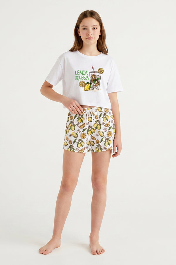 Girls SS Oversize Cropped T-Shirt With Wide-Leg Short Pajama Set – Bright White