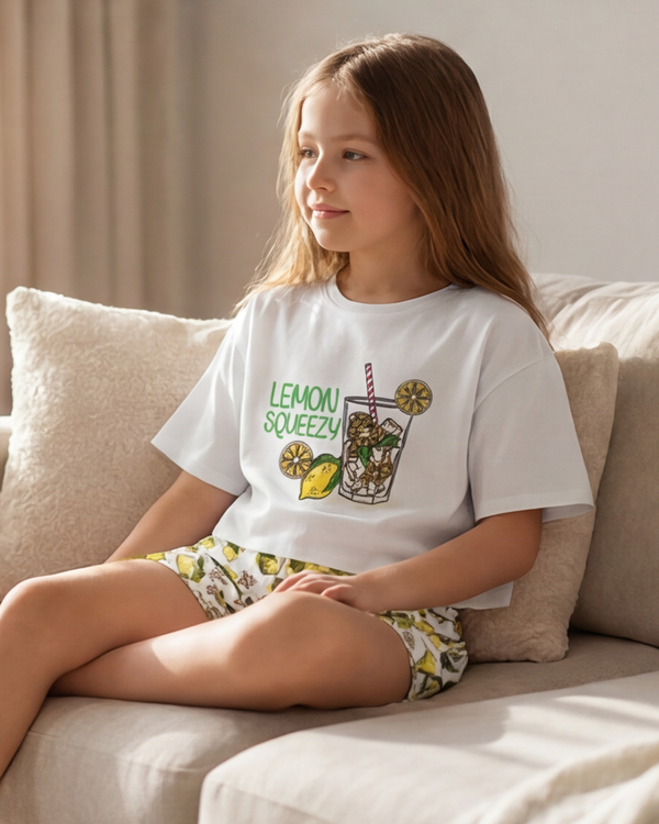 Girls SS Oversize Cropped T-Shirt With Wide-Leg Short Pajama Set – Bright White