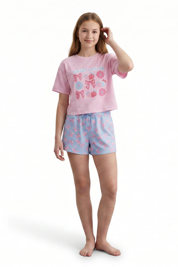 Girls SS Oversize Cropped T-Shirt With Wide-Leg Short Pajama Set – Ballerina