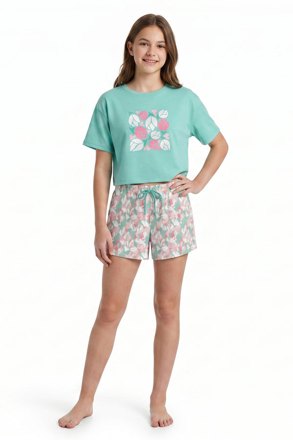 Girls SS Oversize Cropped T-Shirt With Wide-Leg Short Pajama Set – Cabbage