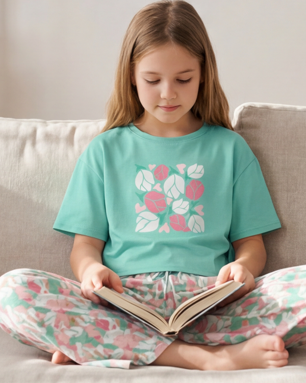 Girls SS Oversize Cropped T-Shirt With Wide-Leg Short Pajama Set – Cabbage