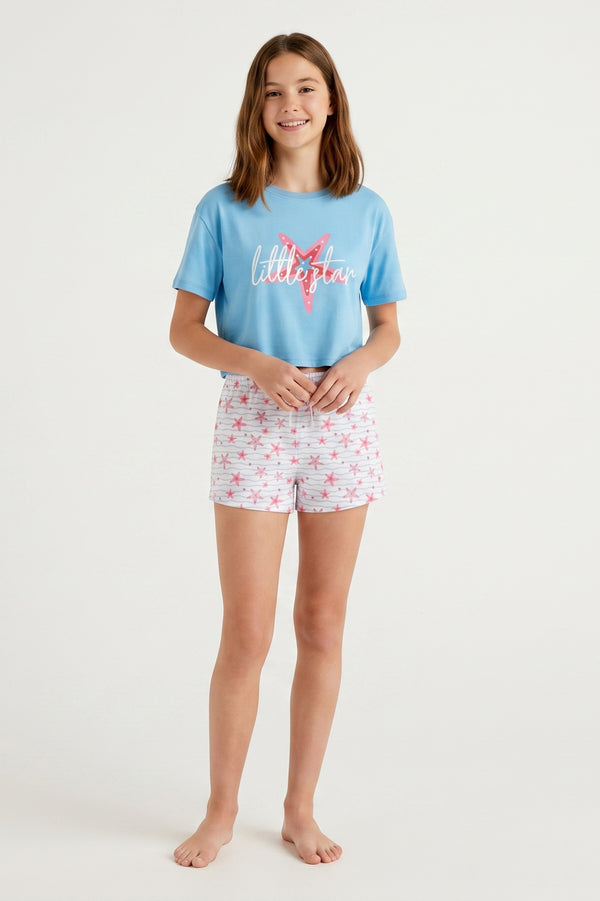 Girls SS Oversize Cropped T-Shirt With Wide-Leg Short Pajama Set – Tropical Breeze