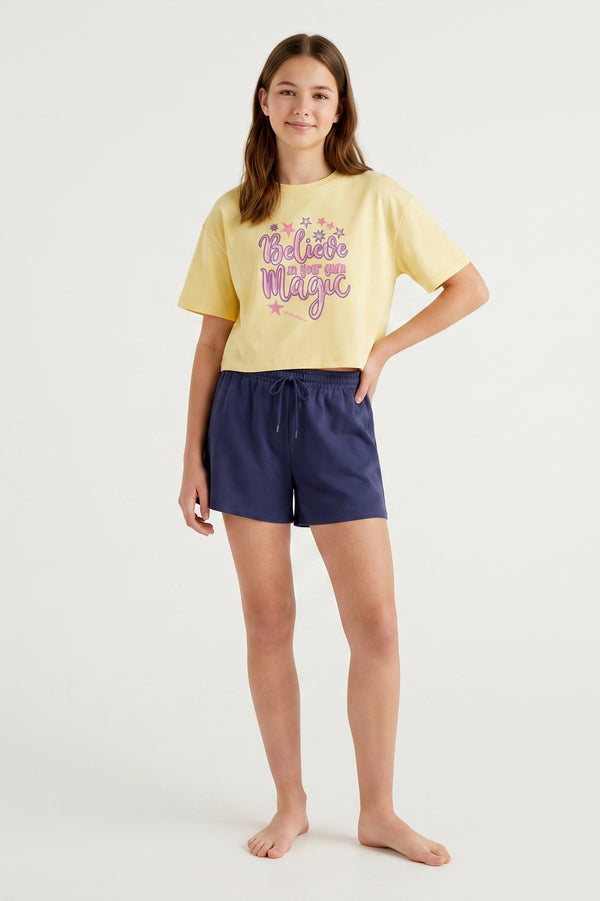 Girls SS Oversize Cropped T-Shirt With Wide-Leg Short Pajama Set – Mellow Yellow