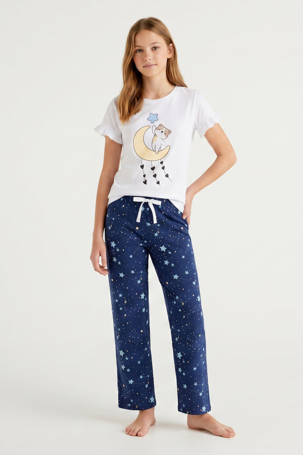 Girls SS T-Shirt With Ruffles & Bermuda Pants Pajama Set – Bright White