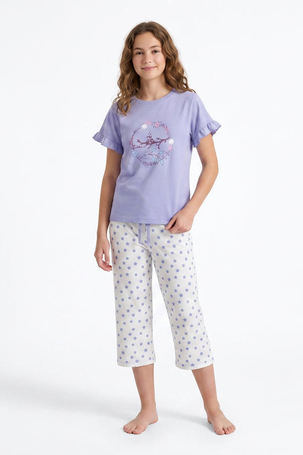 Girls SS T-Shirt With Ruffles & Bermuda Pants Pajama Set – Baby Lavender
