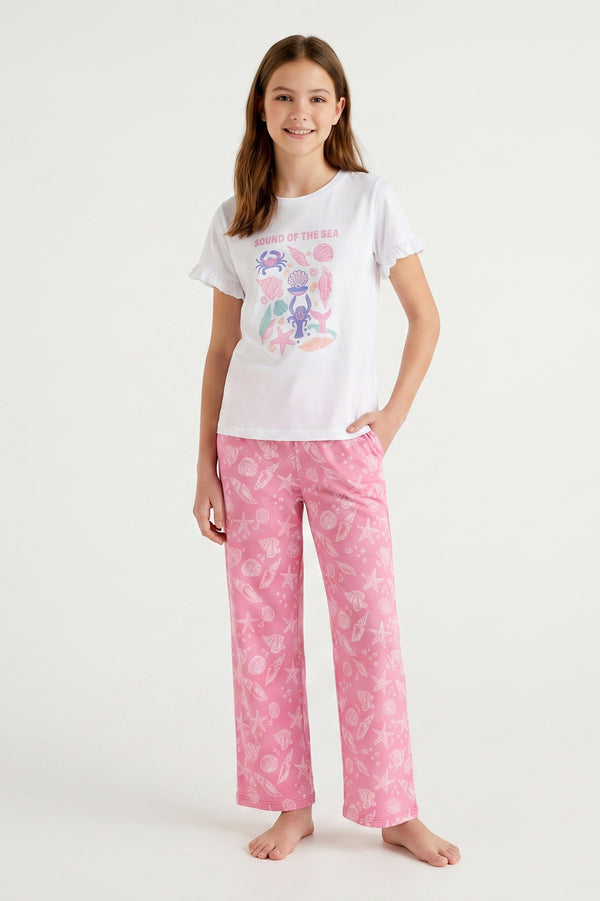 Girls SS T-Shirt With Ruffles & Bermuda Pants Pajama Set – Bright White