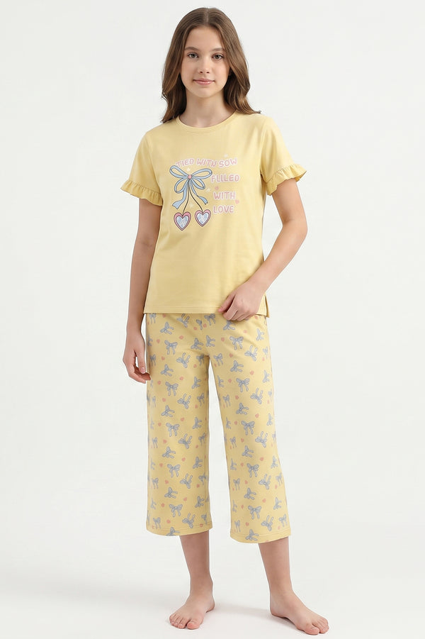 Girls SS T-Shirt With Ruffles & Bermuda Pants Pajama Set – Mellow Yellow