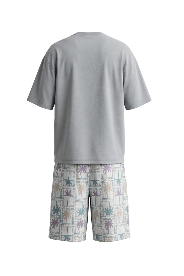 بيجامة رجالي قطن Oversized برقبة دائرية Glacier Gray مع شورت واسع – راحة عصرية