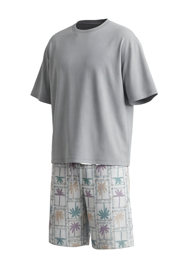 بيجامة رجالي قطن Oversized برقبة دائرية Glacier Gray مع شورت واسع – راحة عصرية