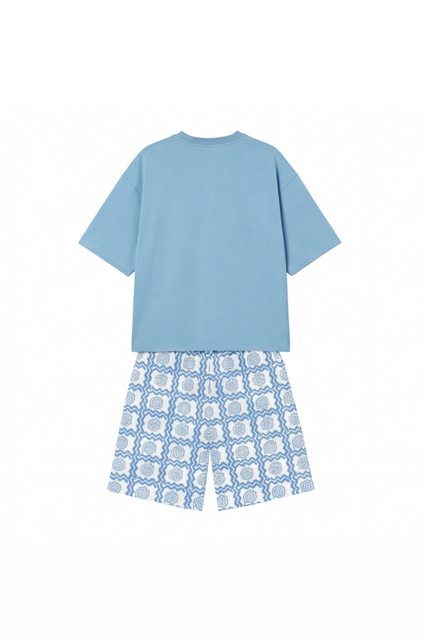 بيجامة رجالي قطن Oversized برقبة دائرية Sky Blue مع شورت واسع – راحة عصرية