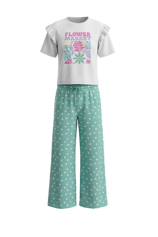 Girls SS T-Shirt With Wide-Leg Pants Pajama Set – Bright White