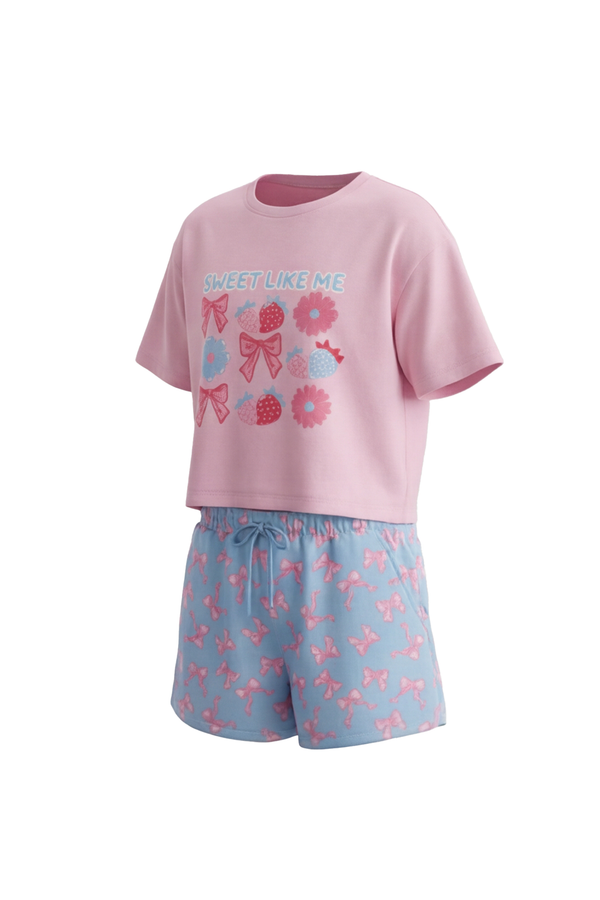 Girls SS Oversize Cropped T-Shirt With Wide-Leg Short Pajama Set – Ballerina