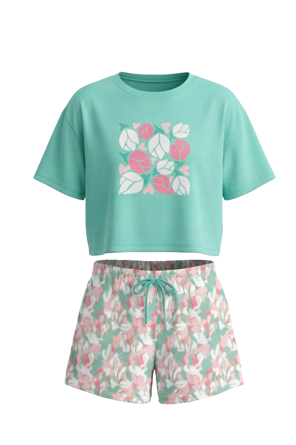 Girls SS Oversize Cropped T-Shirt With Wide-Leg Short Pajama Set – Cabbage