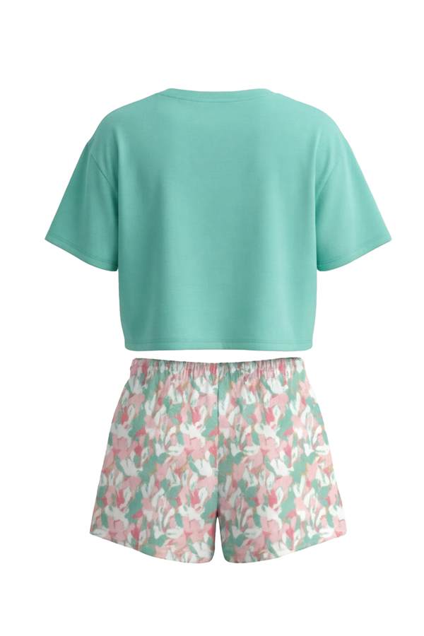 Girls SS Oversize Cropped T-Shirt With Wide-Leg Short Pajama Set – Cabbage