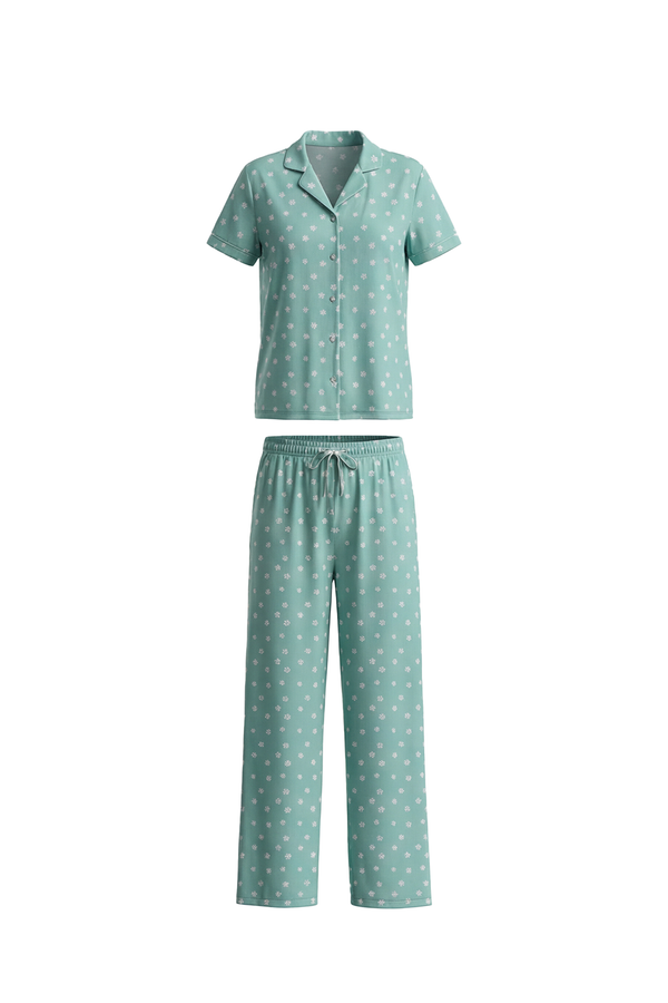 Women Lapel Cotton Pajama Set with Pants – Green Flowers