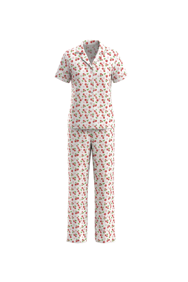 Women Lapel Cotton Pajama Set with Pants – Cherry