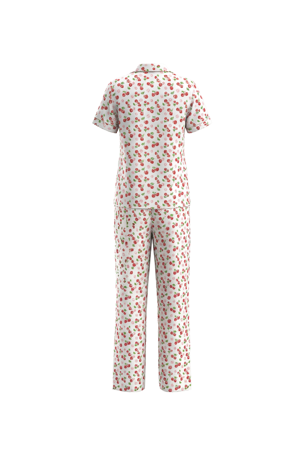 Women Lapel Cotton Pajama Set with Pants – Cherry
