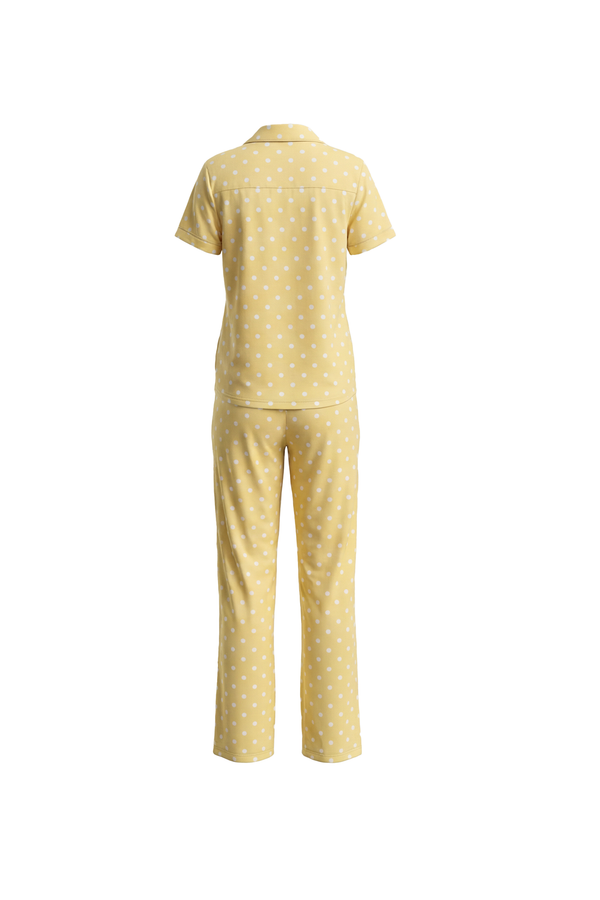 Women Lapel Cotton Pajama Set with Pants – Yellow Flowers
